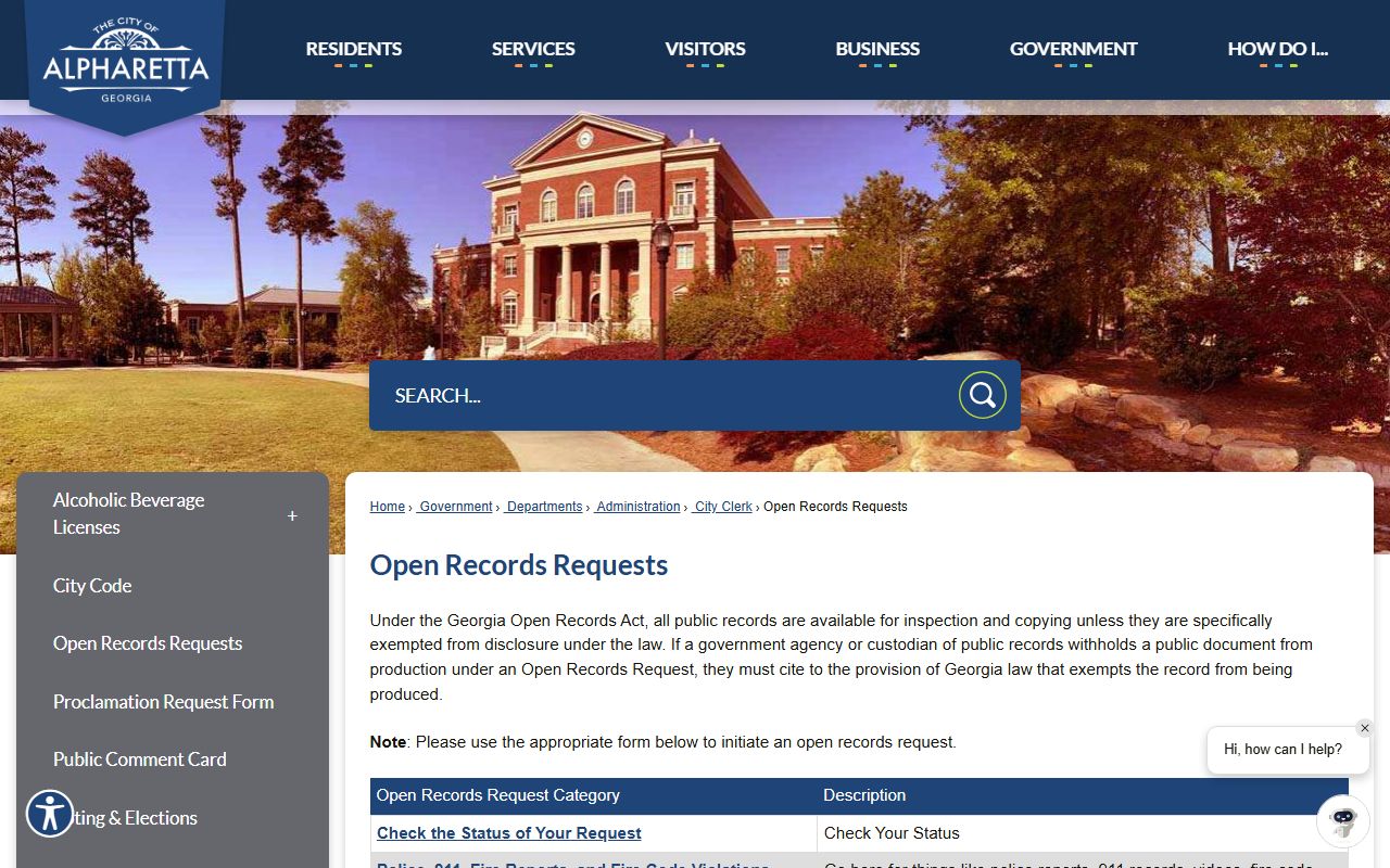 Alpharetta open records request page for residents directory