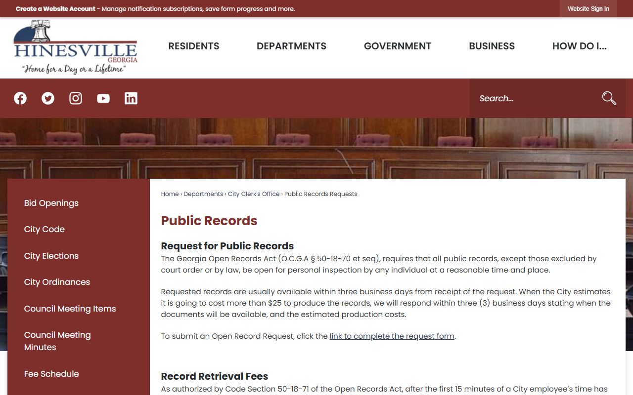 Hinesville public records request page for residents directory searches