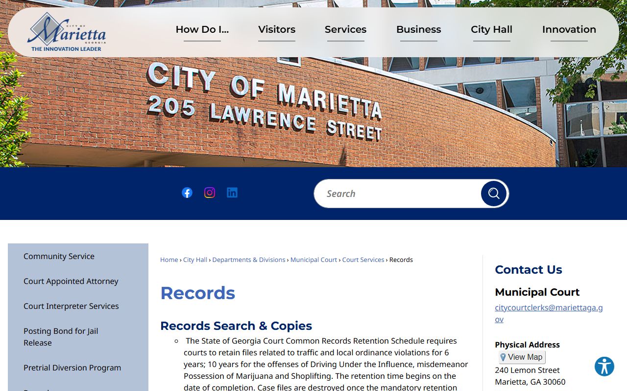 Marietta Georgia city records page for residents directory searches