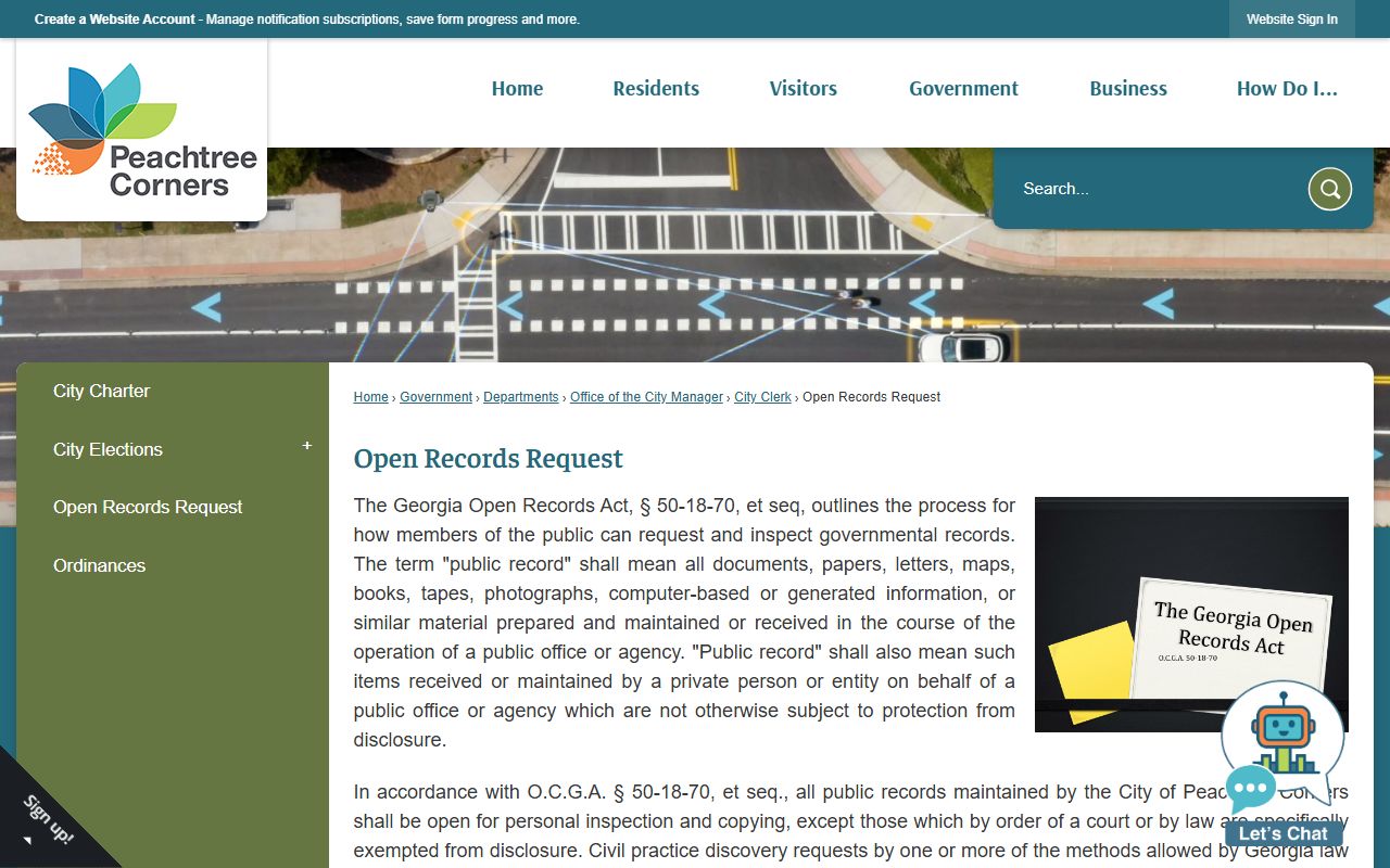 Peachtree Corners open records request page for residents directory searches
