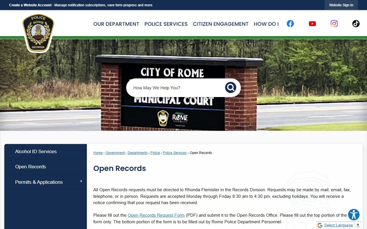 Rome Georgia open records request page for residents directory searches