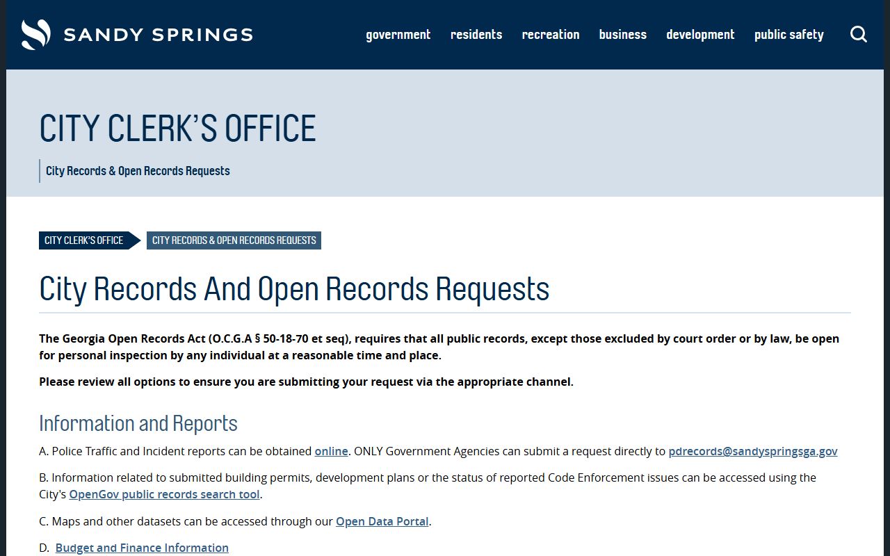 Sandy Springs city records and open records requests page for residents directory