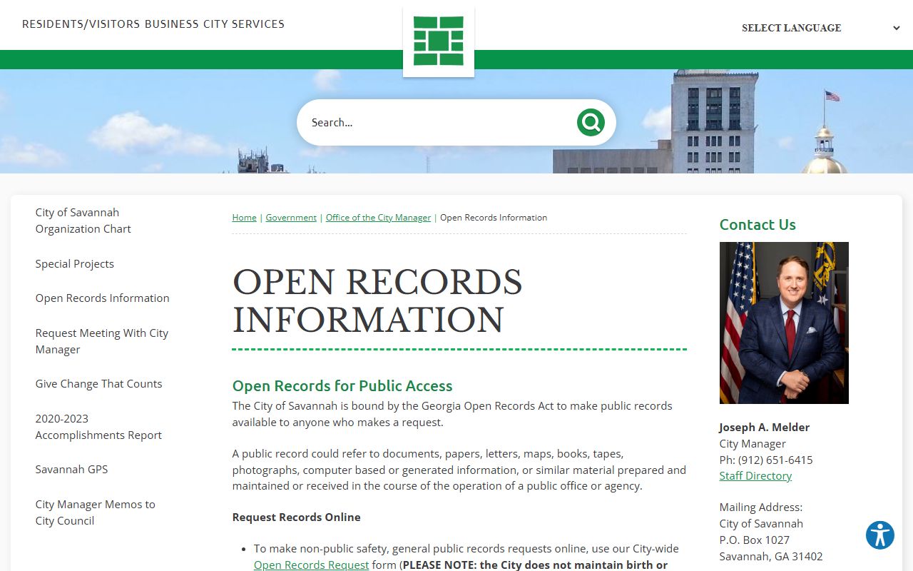 Savannah open records information page for residents directory searches