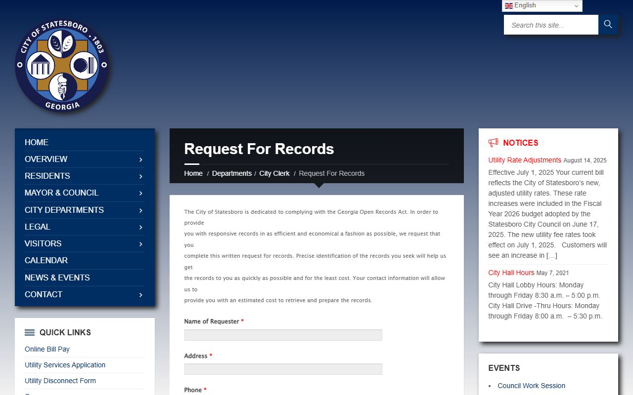 Statesboro city clerk records request page for residents directory searches