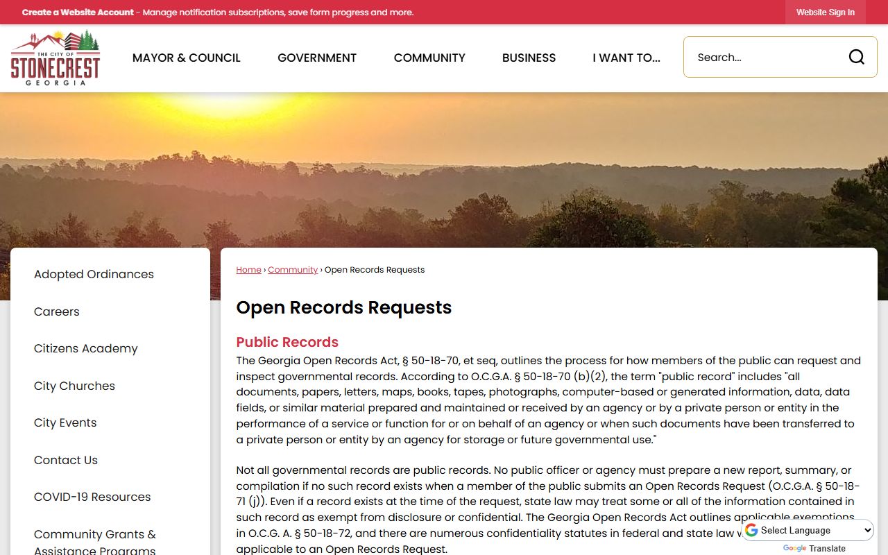 Stonecrest open records request page for residents directory searches