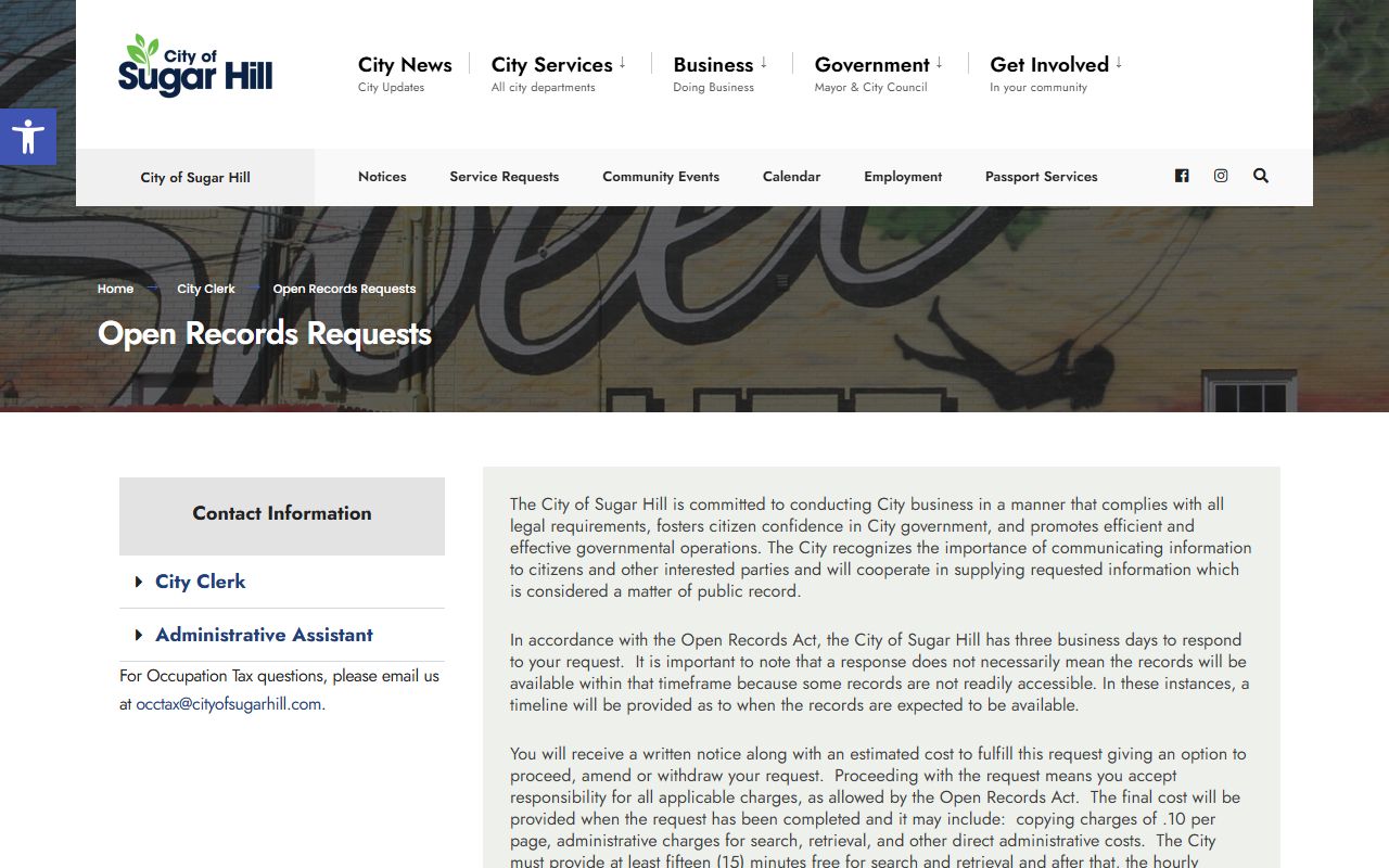 Sugar Hill city clerk open records request page for residents directory searches