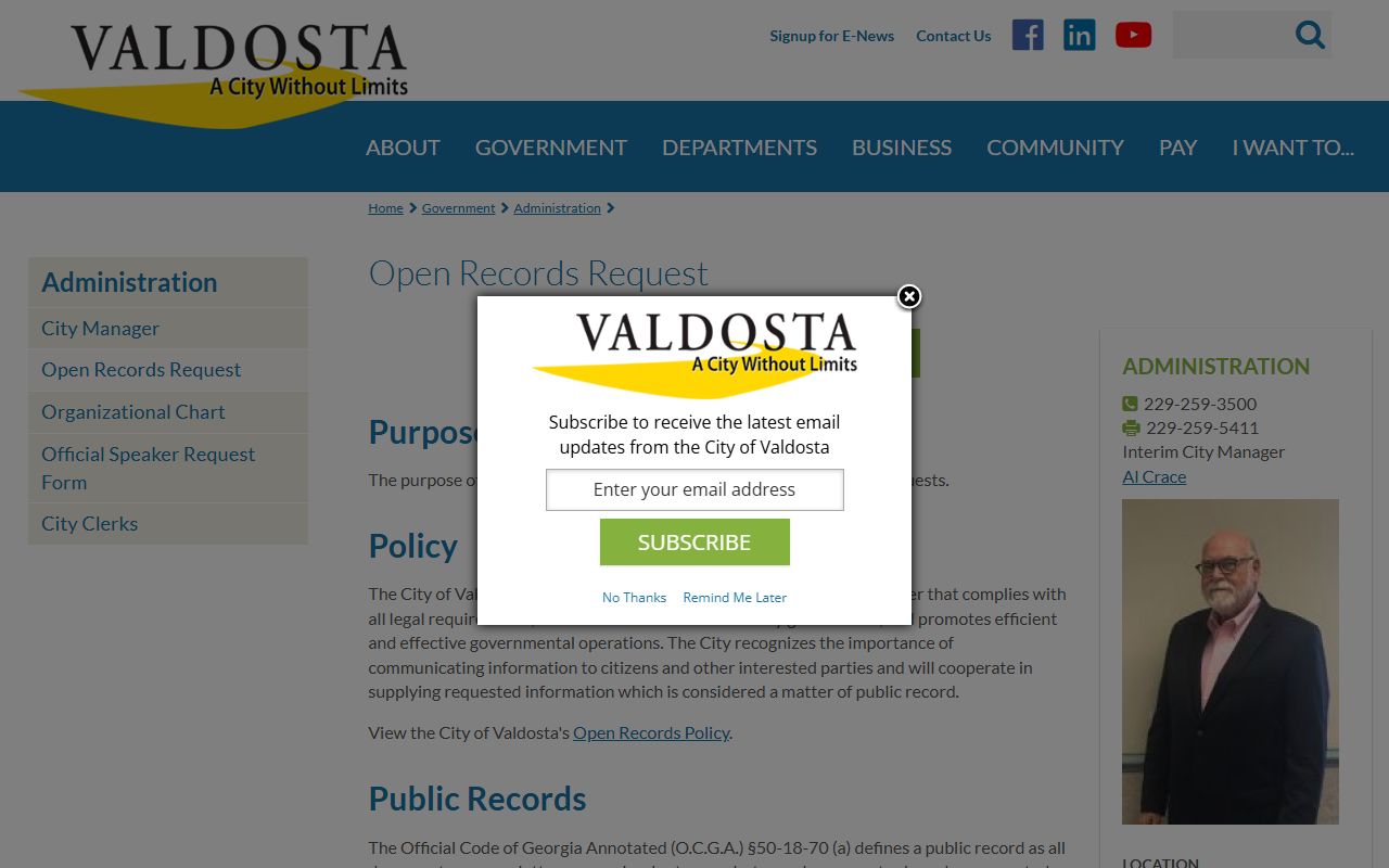 Valdosta open records request page for residents directory searches