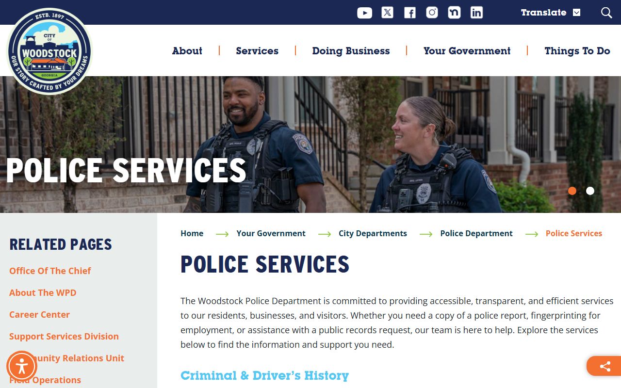 Woodstock Police Department services page for residents directory