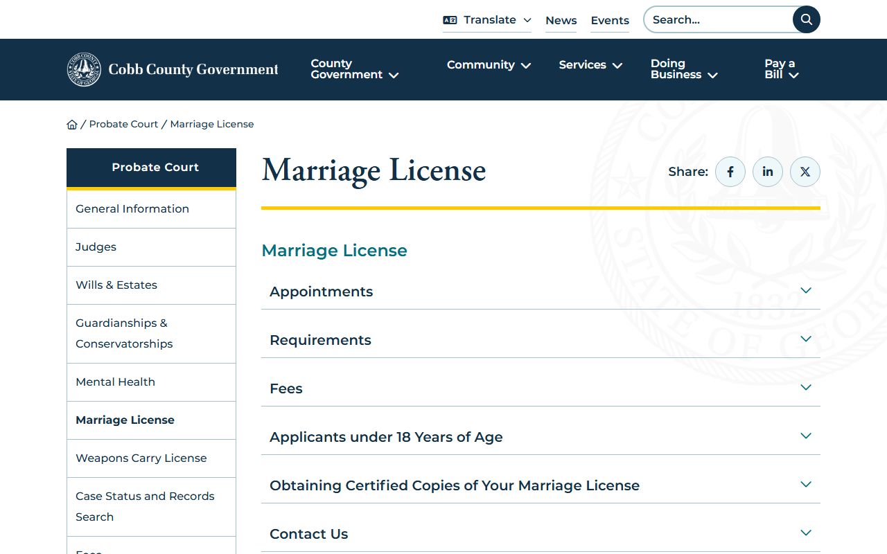 Cobb County Probate Court marriage license page for residents directory