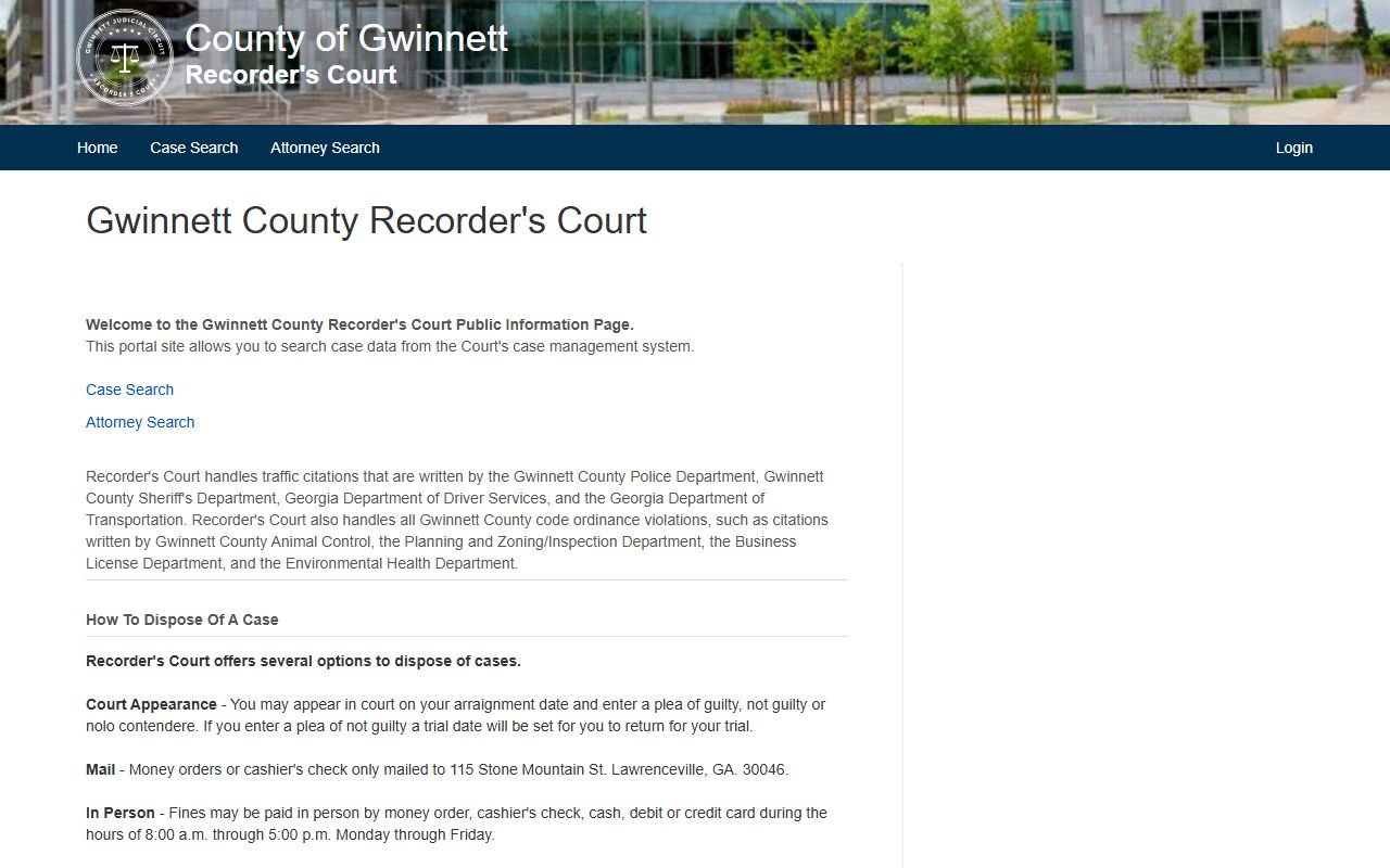Gwinnett County Recorder's Court portal for residents directory lookups