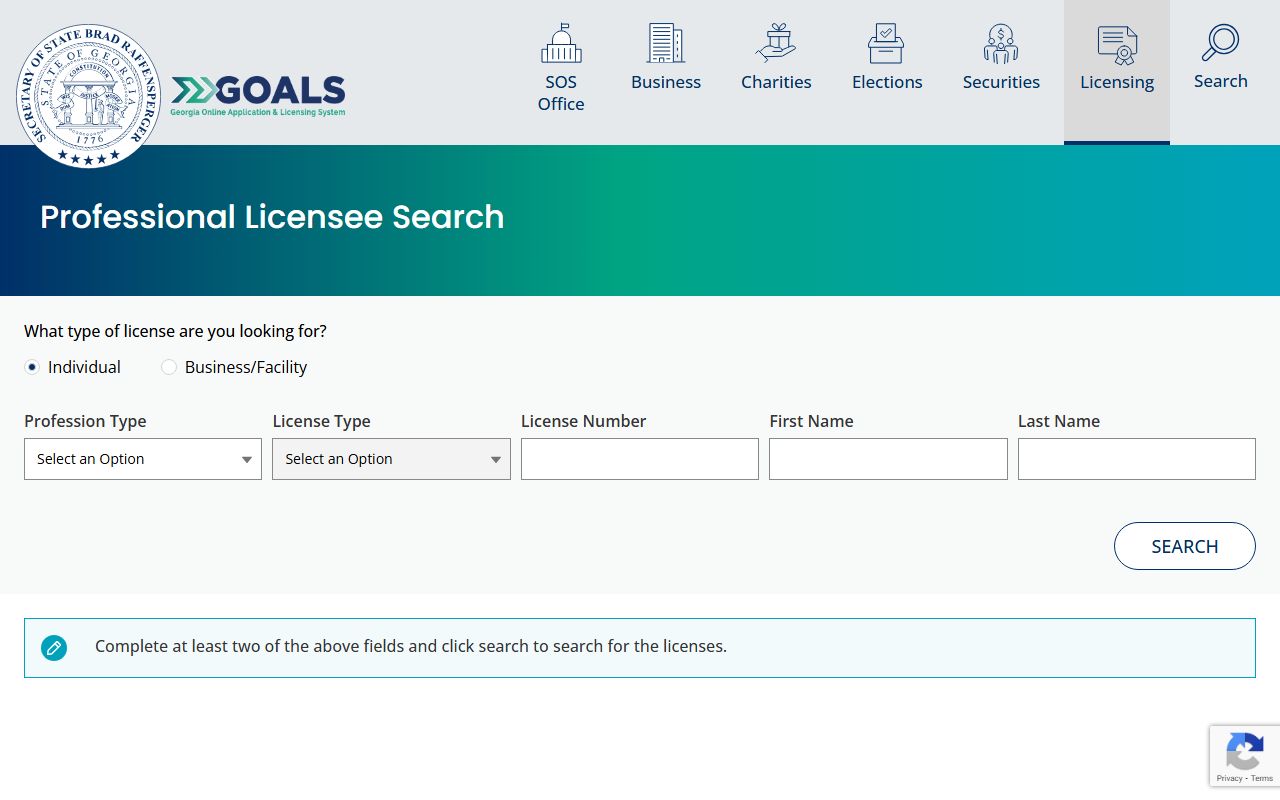 Georgia professional license search GOALS for residents directory