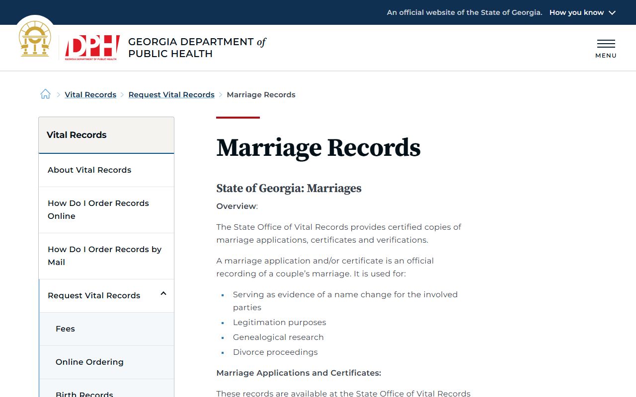 Georgia vital records marriage request page for residents directory