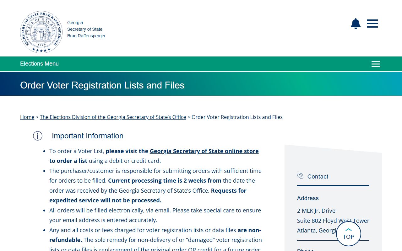 Georgia voter registration lists order page for residents directory